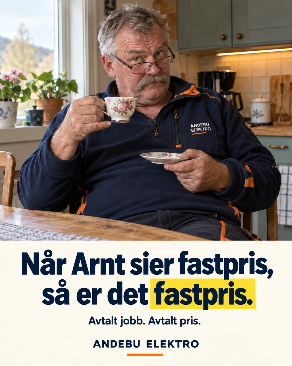 Arnt med briller og bart holder en liten blomstrete kaffekopp.